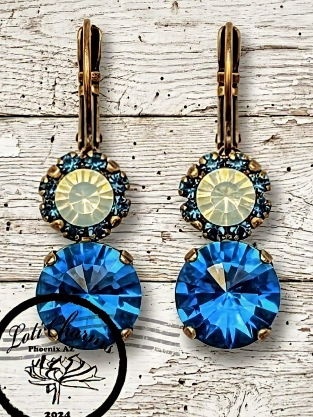 Aquamarine Blue & Pacific Opal Flower By Swarovski In Drop Down Brass Earrings